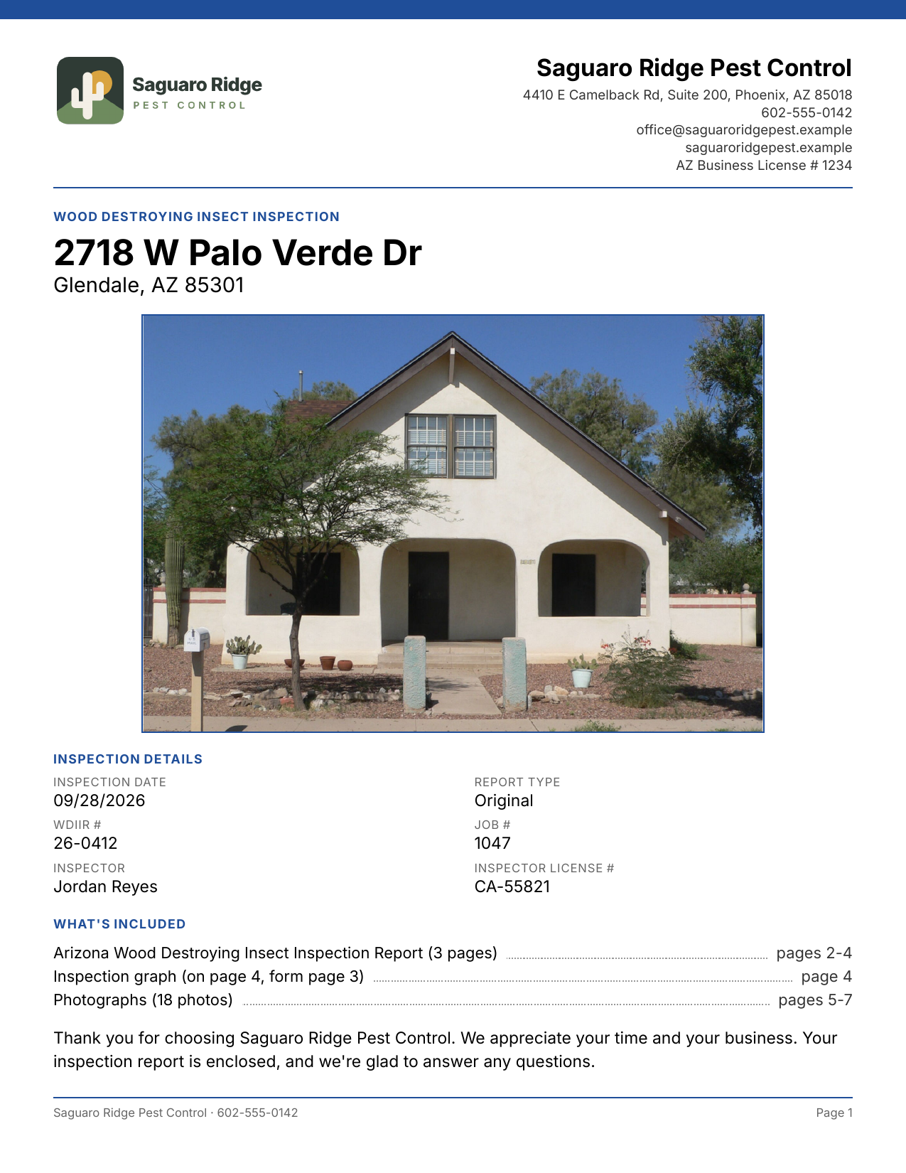 Sample cover page for Saguaro Ridge Pest Control, 2718 W Palo Verde Dr, Glendale, AZ 85301.