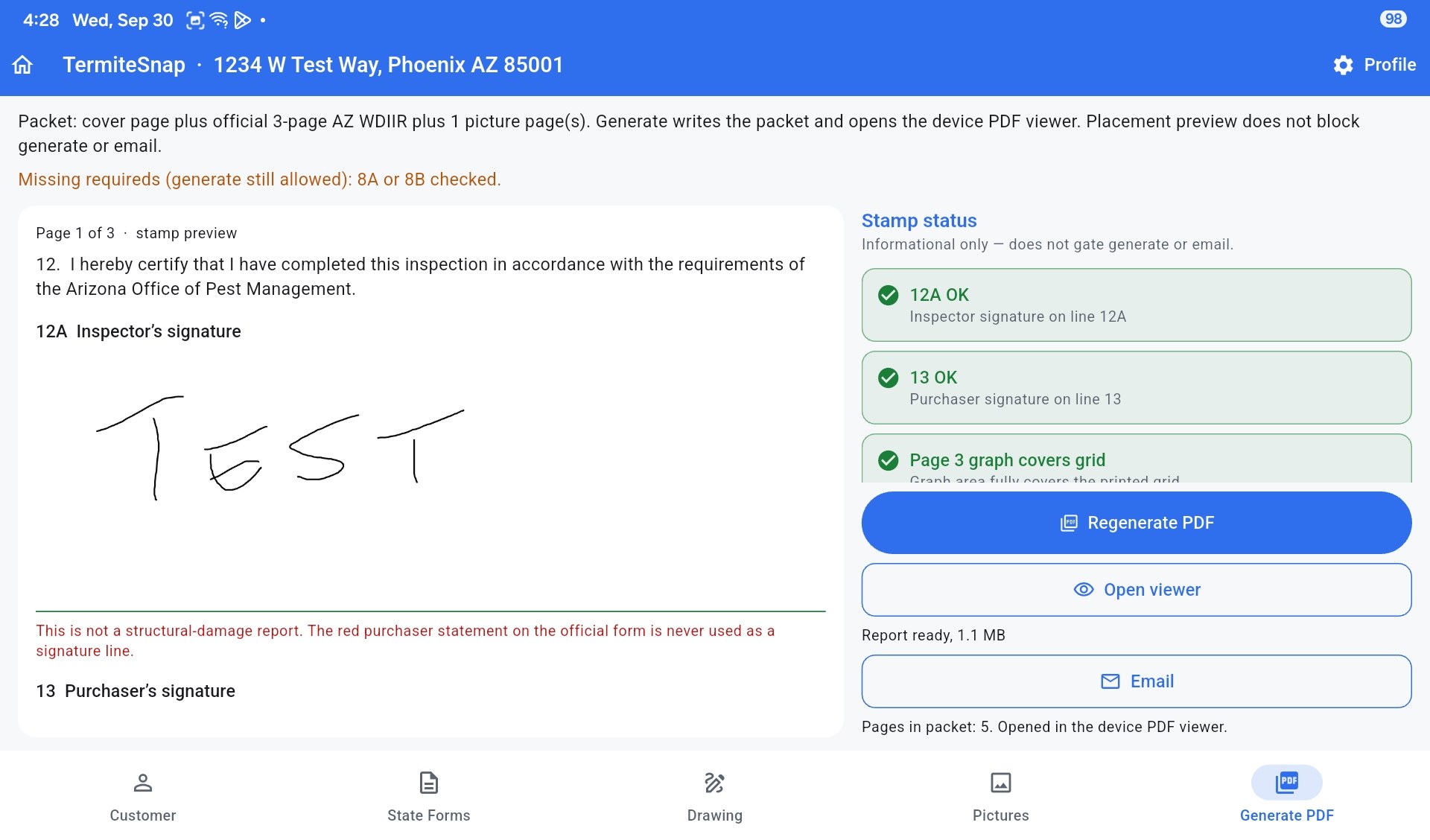 Inspector and purchaser signature lines on the generate screen.